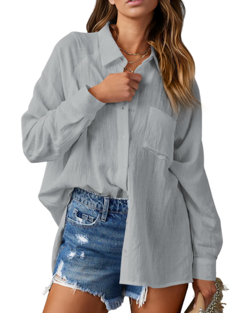 Mirabelle Camicia da donna – Collo a V, maniche lunghe, abbottonata e con tasca sul petto