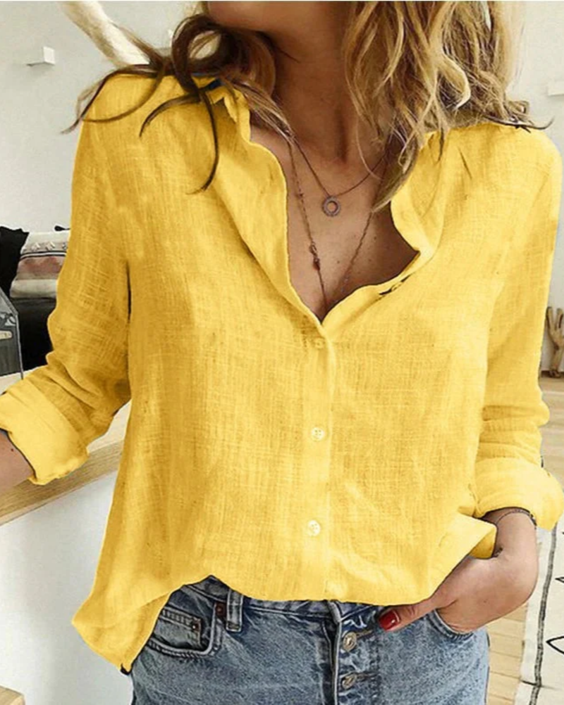 Camille Camisa Feminina – Blusa com Botões, Mangas 3/4, Gola Elegante, Lisa ou Estampada com Pássaros