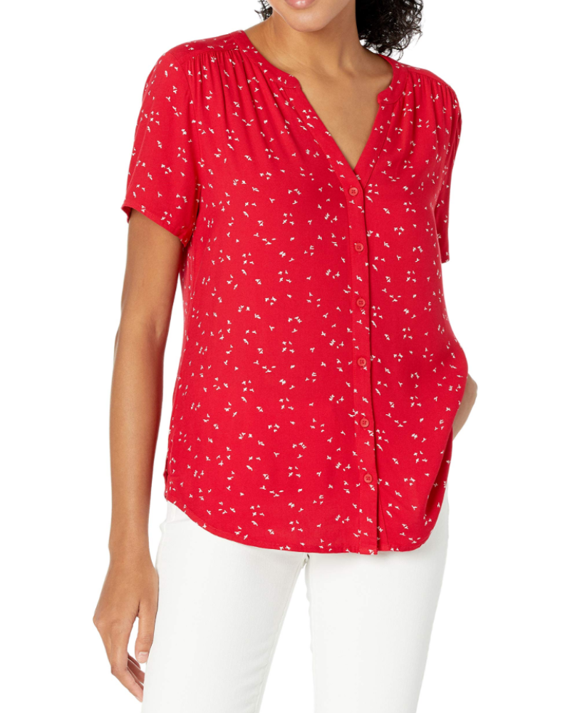 Blusa Cressida de senhora em viscose – Decote em V com botões, mangas curtas e corte fluido