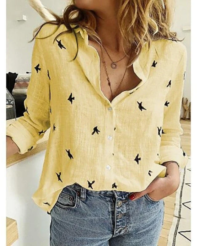 Camille Camisa Feminina – Blusa com Botões, Mangas 3/4, Gola Elegante, Lisa ou Estampada com Pássaros