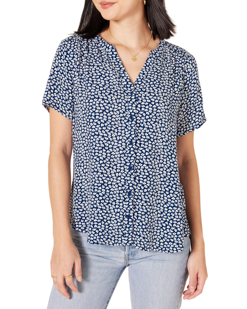 Blusa Cressida de senhora em viscose – Decote em V com botões, mangas curtas e corte fluido