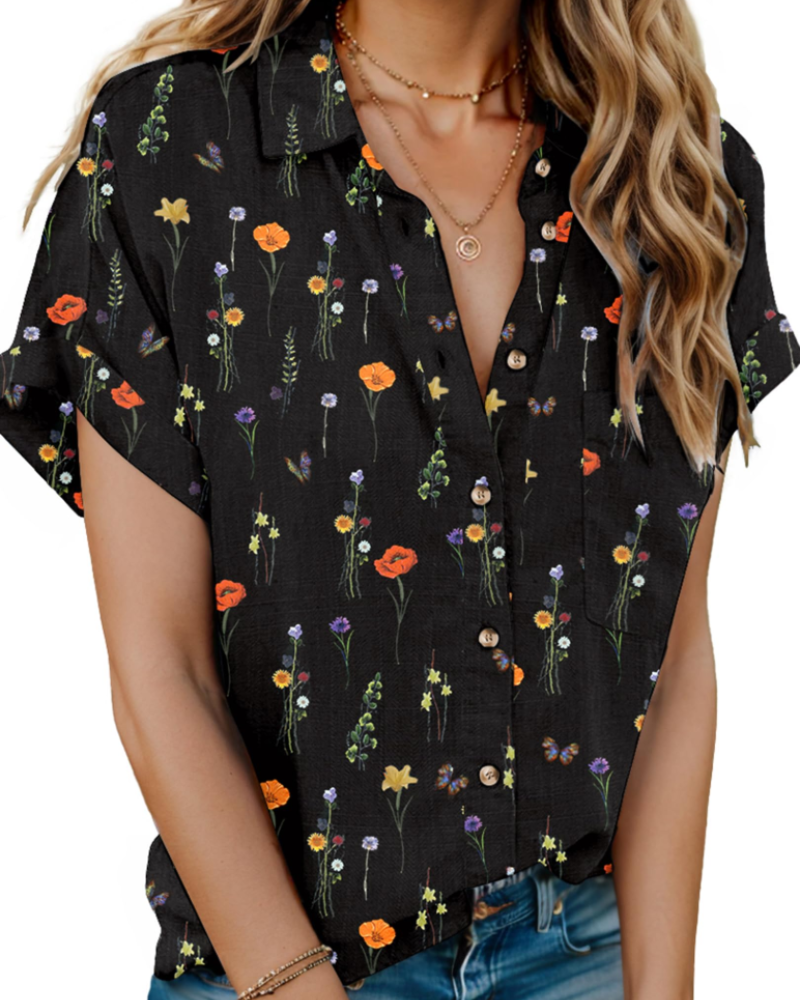 Maristella – Camiseiro de senhora em 100% algodão, decote em V, mangas curtas, abotoado e com bolso