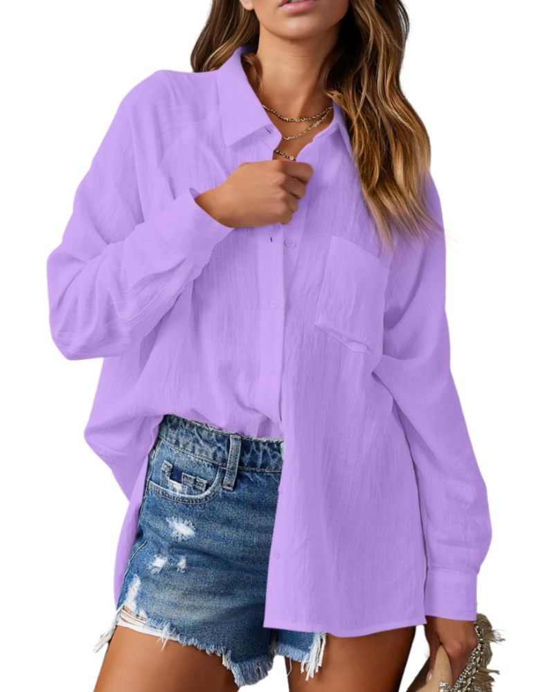 Mirabelle Camicia da donna – Collo a V, maniche lunghe, abbottonata e con tasca sul petto