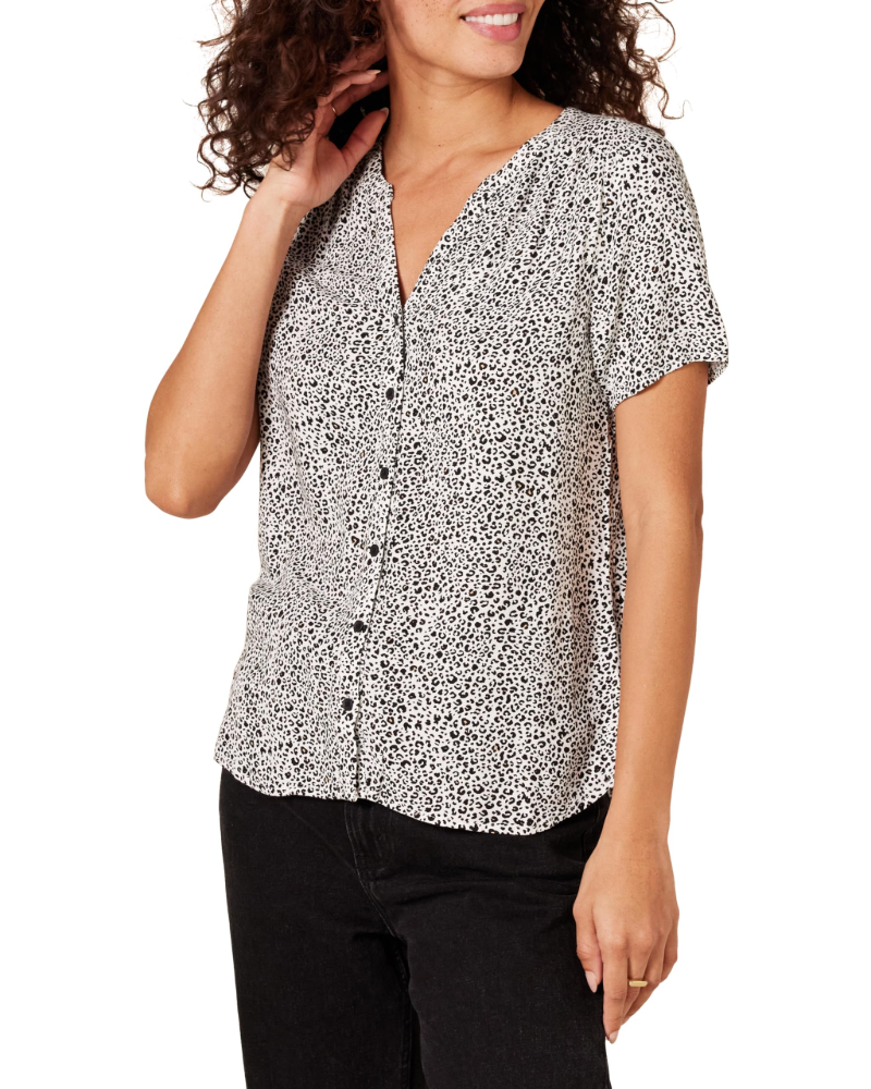 Blusa Cressida de senhora em viscose – Decote em V com botões, mangas curtas e corte fluido
