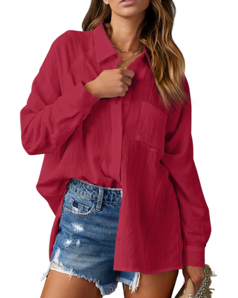 Mirabelle Camicia da donna – Collo a V, maniche lunghe, abbottonata e con tasca sul petto