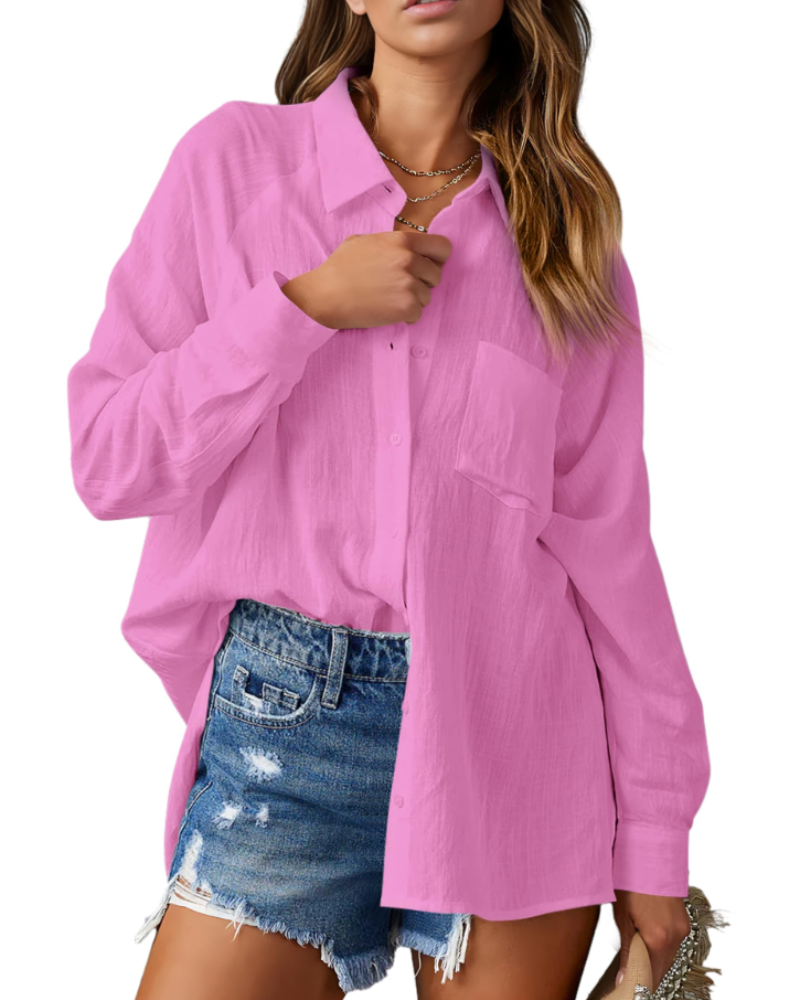 Mirabelle Camicia da donna – Collo a V, maniche lunghe, abbottonata e con tasca sul petto