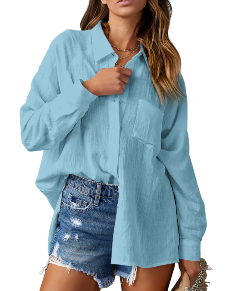 Mirabelle Camicia da donna – Collo a V, maniche lunghe, abbottonata e con tasca sul petto