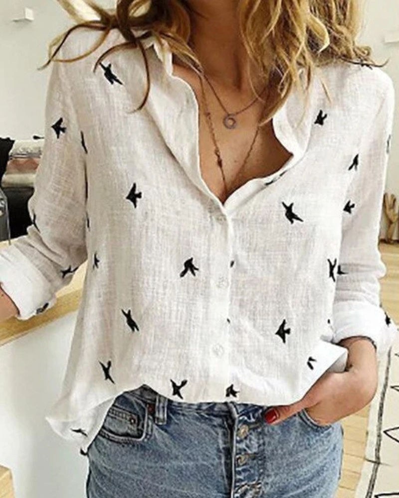 Camille Camisa Feminina – Blusa com Botões, Mangas 3/4, Gola Elegante, Lisa ou Estampada com Pássaros