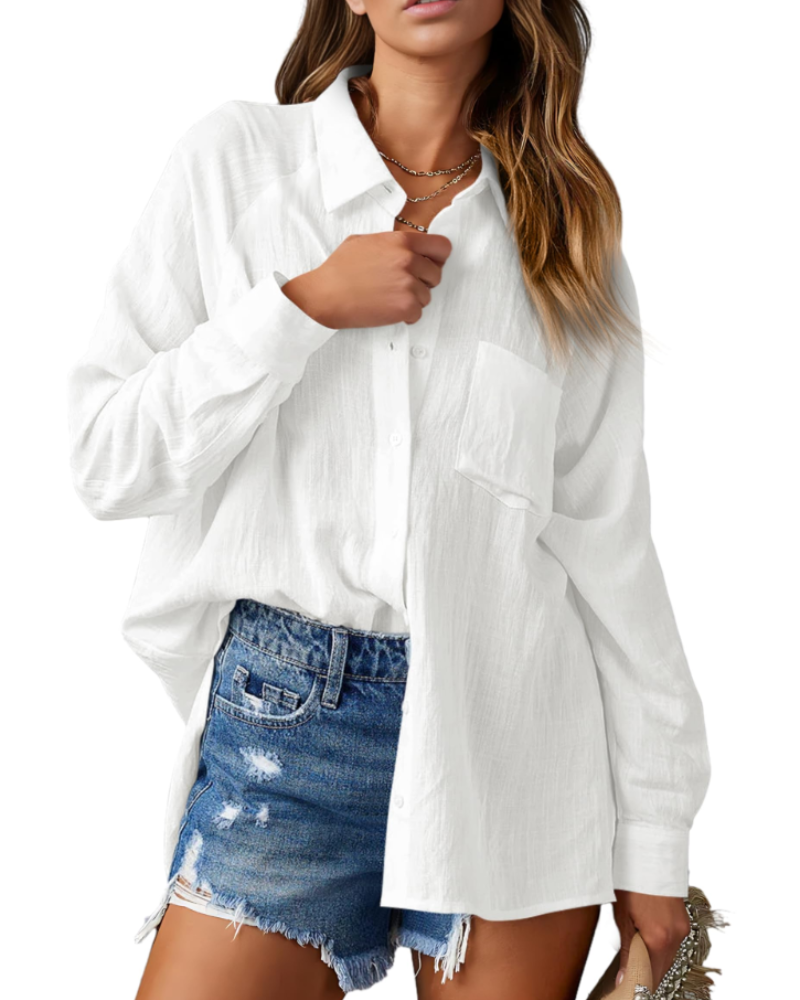 Mirabelle Camicia da donna – Collo a V, maniche lunghe, abbottonata e con tasca sul petto
