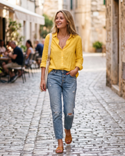 Camille Camisa Feminina – Blusa com Botões, Mangas 3/4, Gola Elegante, Lisa ou Estampada com Pássaros