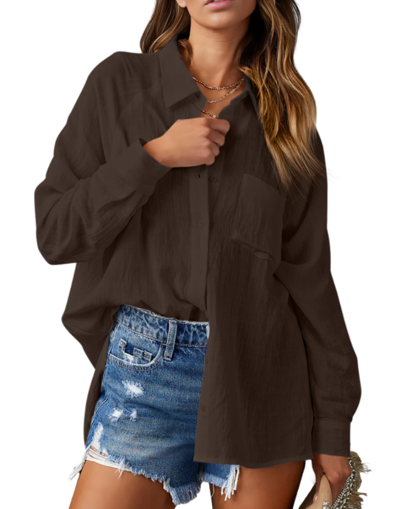 Mirabelle Camicia da donna – Collo a V, maniche lunghe, abbottonata e con tasca sul petto
