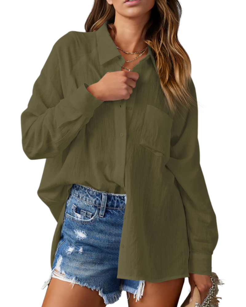 Mirabelle Camicia da donna – Collo a V, maniche lunghe, abbottonata e con tasca sul petto