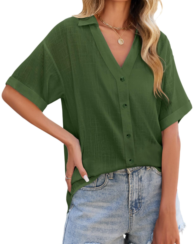 Blusa de senhora Delphine – Linho e viscose, decote em V com botões, mangas curtas e corte amplo