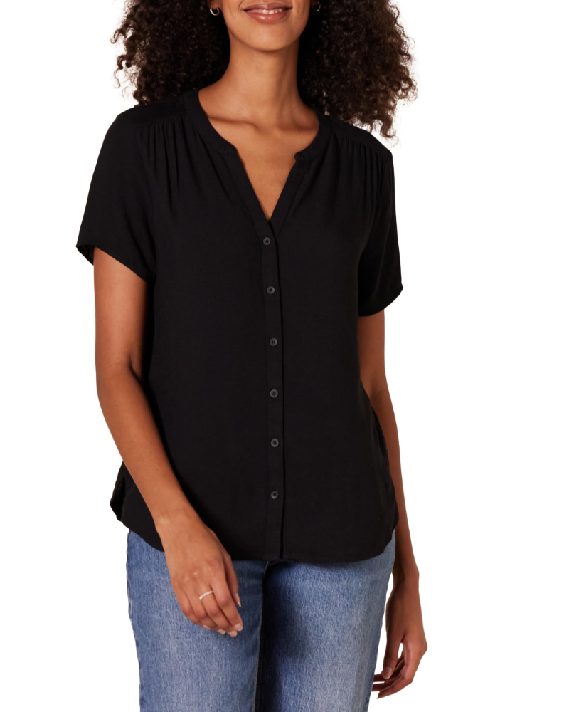 Blusa Cressida de senhora em viscose – Decote em V com botões, mangas curtas e corte fluido