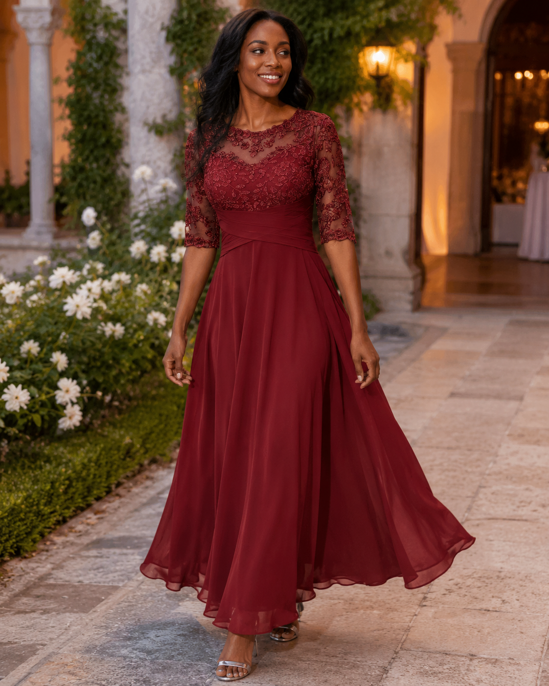 Auréliane – Vestido de noite para mulher, vestido comprido em renda e musselina com corte evasé elegante