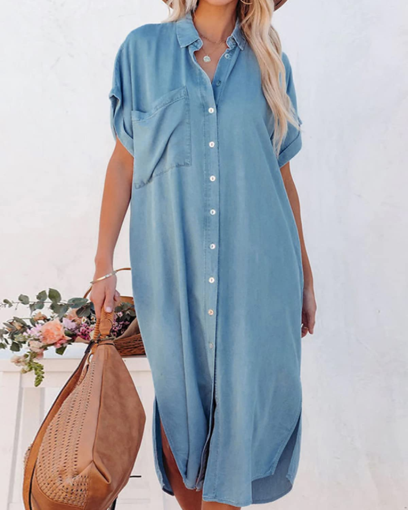 Améliane Midi-Kleid für Damen – Elegantes Kleid mit V-Ausschnitt, kurzen Ärmeln und Seitenschlitz