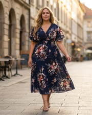 Élise haljina za žene – midi haljina s cvjetnim uzorkom, V-izrezom, A-kroja, od laganog lanenog pamuka, elegantna za ljeto
