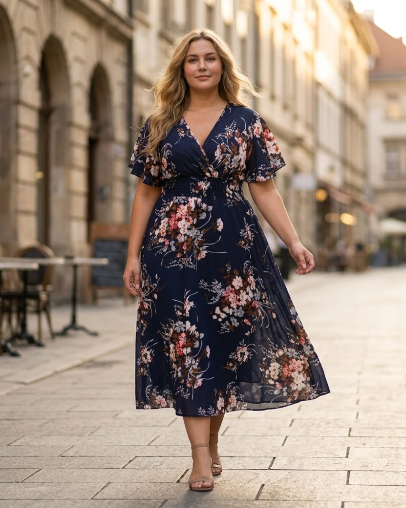 Élise haljina za žene – midi haljina s cvjetnim uzorkom, V-izrezom, A-kroja, od laganog lanenog pamuka, elegantna za ljeto