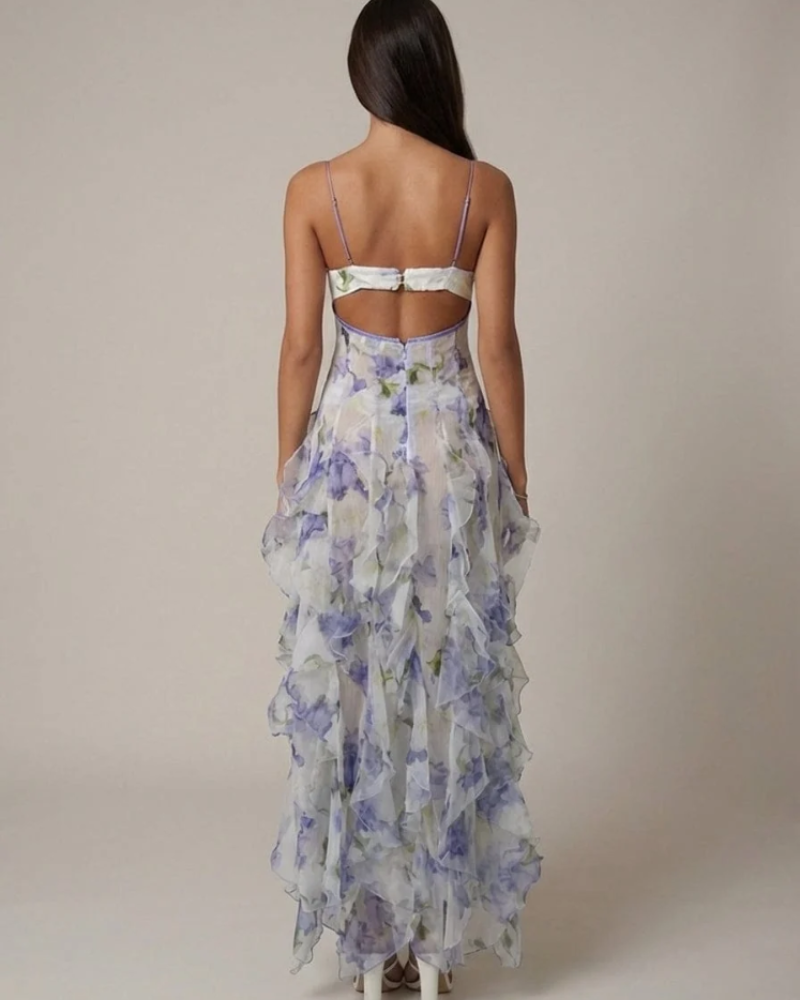 Azélie Vestido Maxi de Mulher – Vestido Florido com Volantes Fluidos e Alças Finas