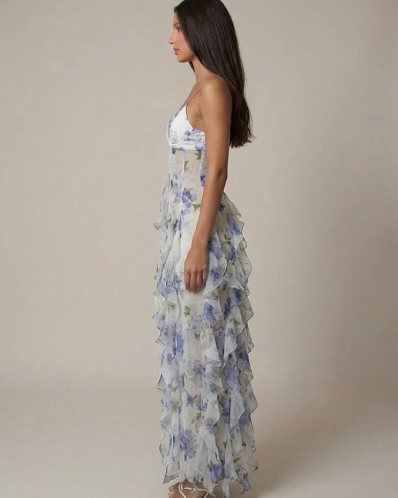 Azélie Vestido Maxi de Mulher – Vestido Florido com Volantes Fluidos e Alças Finas