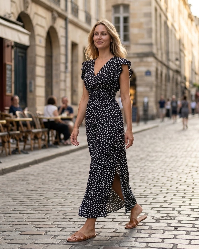 Emma maxi ženska haljina – cvjetna haljina s V-izrezom, volanima, visokim strukom, boho, ljetna