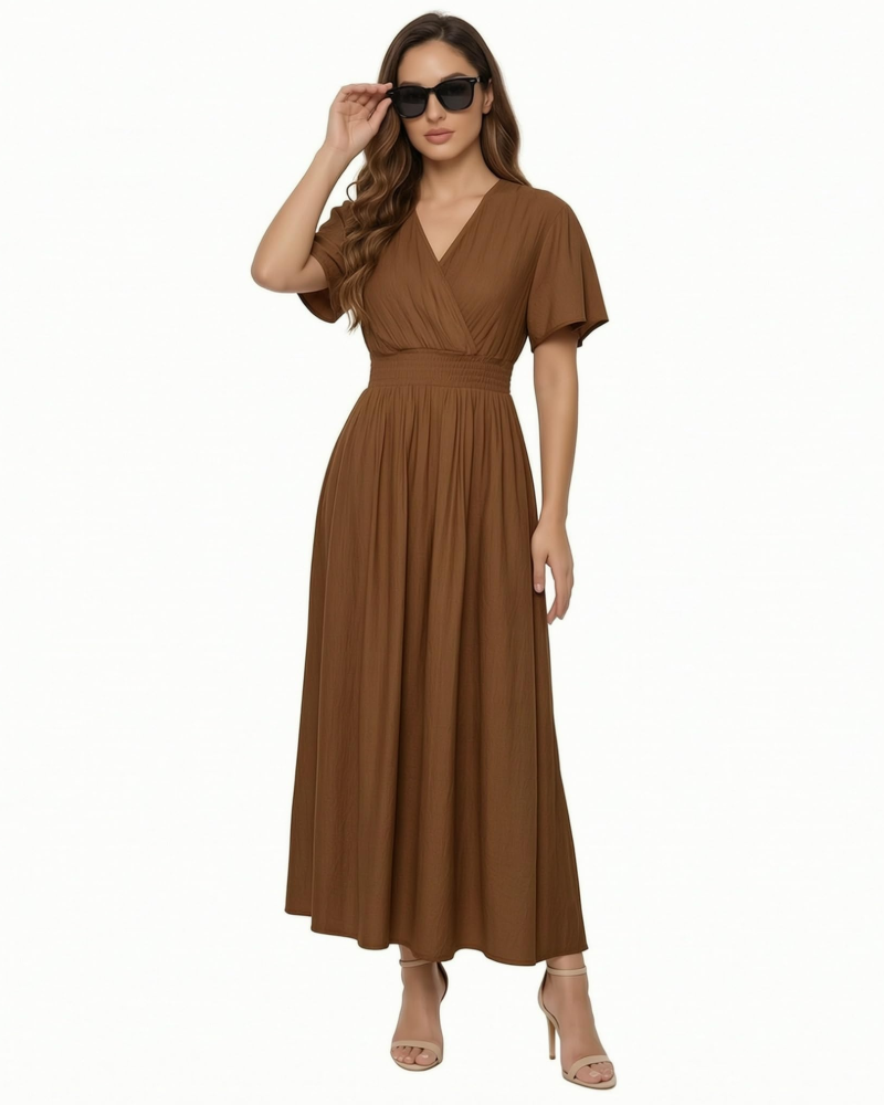Vestido largo Sarai para mujer verano – liso con cuello en V, mangas con volantes y cintura elástica