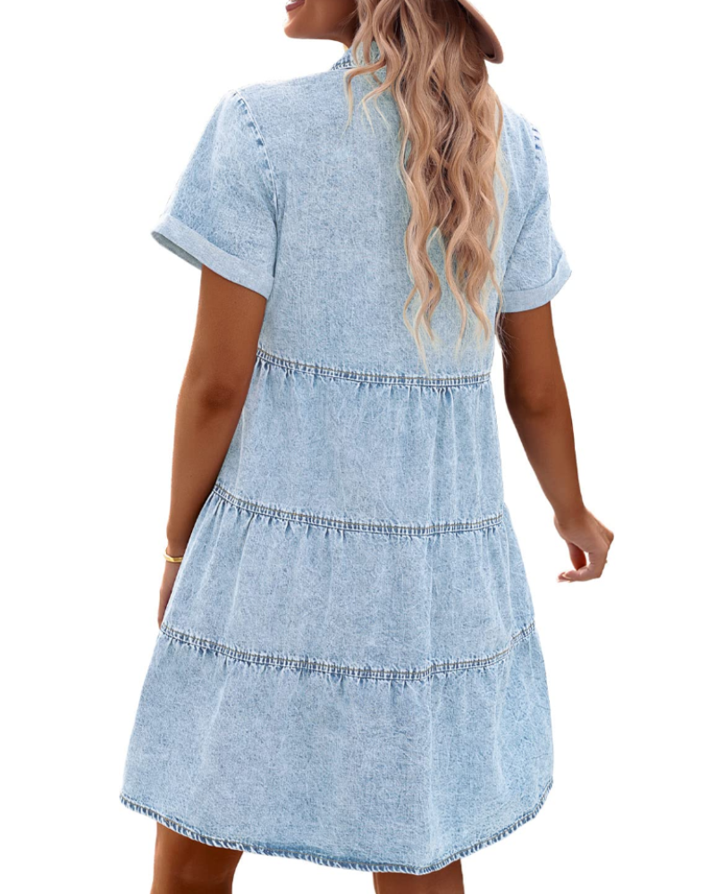 Emma haljina-kemizola za žene od trapera – babydoll haljina s gumbima i slojevitim volanima