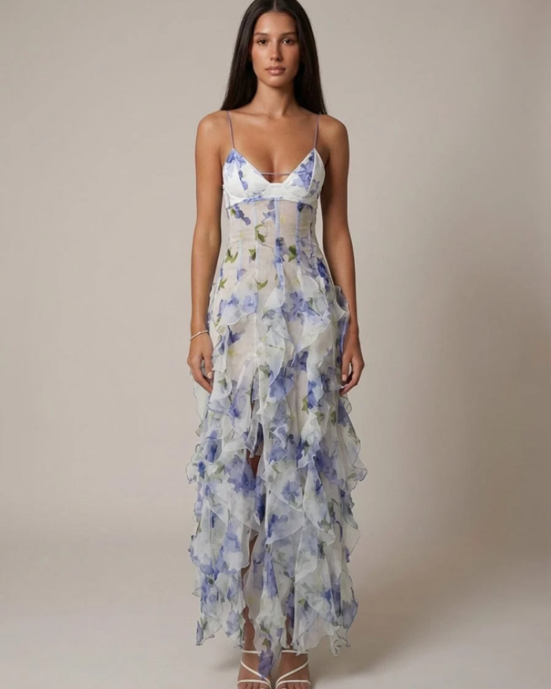 Azélie Vestido Maxi de Mulher – Vestido Florido com Volantes Fluidos e Alças Finas