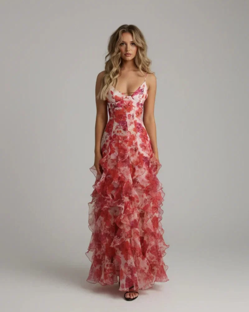 Azélie Vestido Maxi de Mulher – Vestido Florido com Volantes Fluidos e Alças Finas