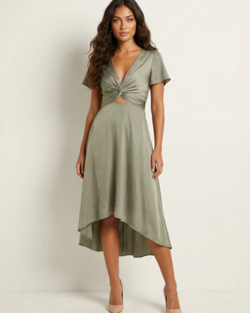 Elowen Midi Dress for Women – Elegant V-Neck Dress with Draped Waist, Asymmetrical Skirt, and Flared Sleeves