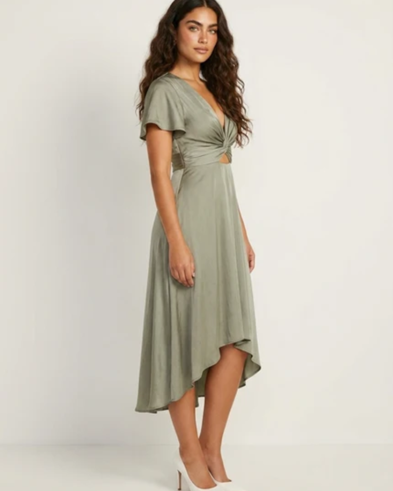 Elowen Midi Dress for Women – Elegant V-Neck Dress with Draped Waist, Asymmetrical Skirt, and Flared Sleeves