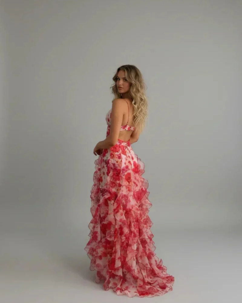 Azélie Vestido Maxi de Mulher – Vestido Florido com Volantes Fluidos e Alças Finas