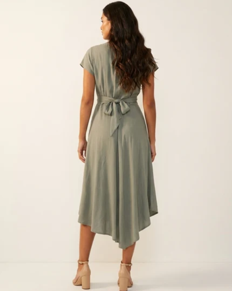 Elowen Midi Dress for Women – Elegant V-Neck Dress with Draped Waist, Asymmetrical Skirt, and Flared Sleeves
