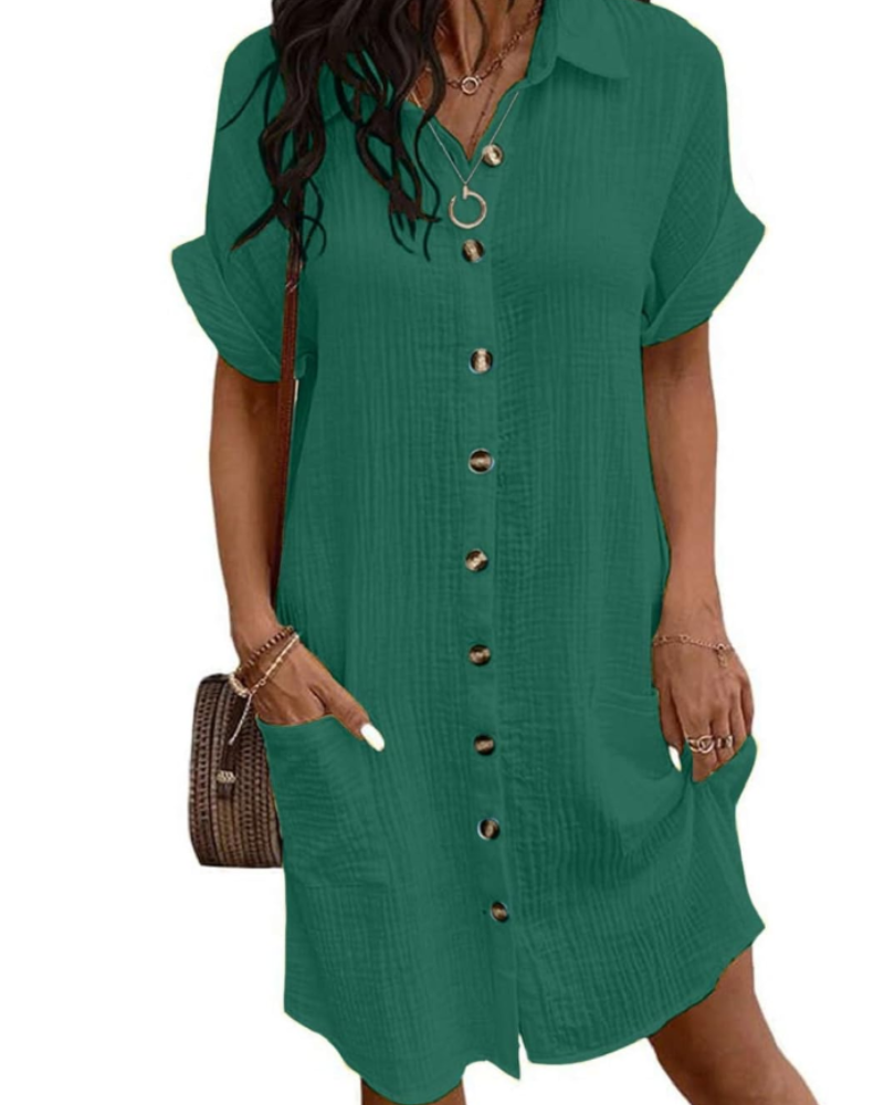 Mirelune Vestido Midi Feminino em Algodão e Linho – Vestido Camiseiro com Decote em V e Bolsos
