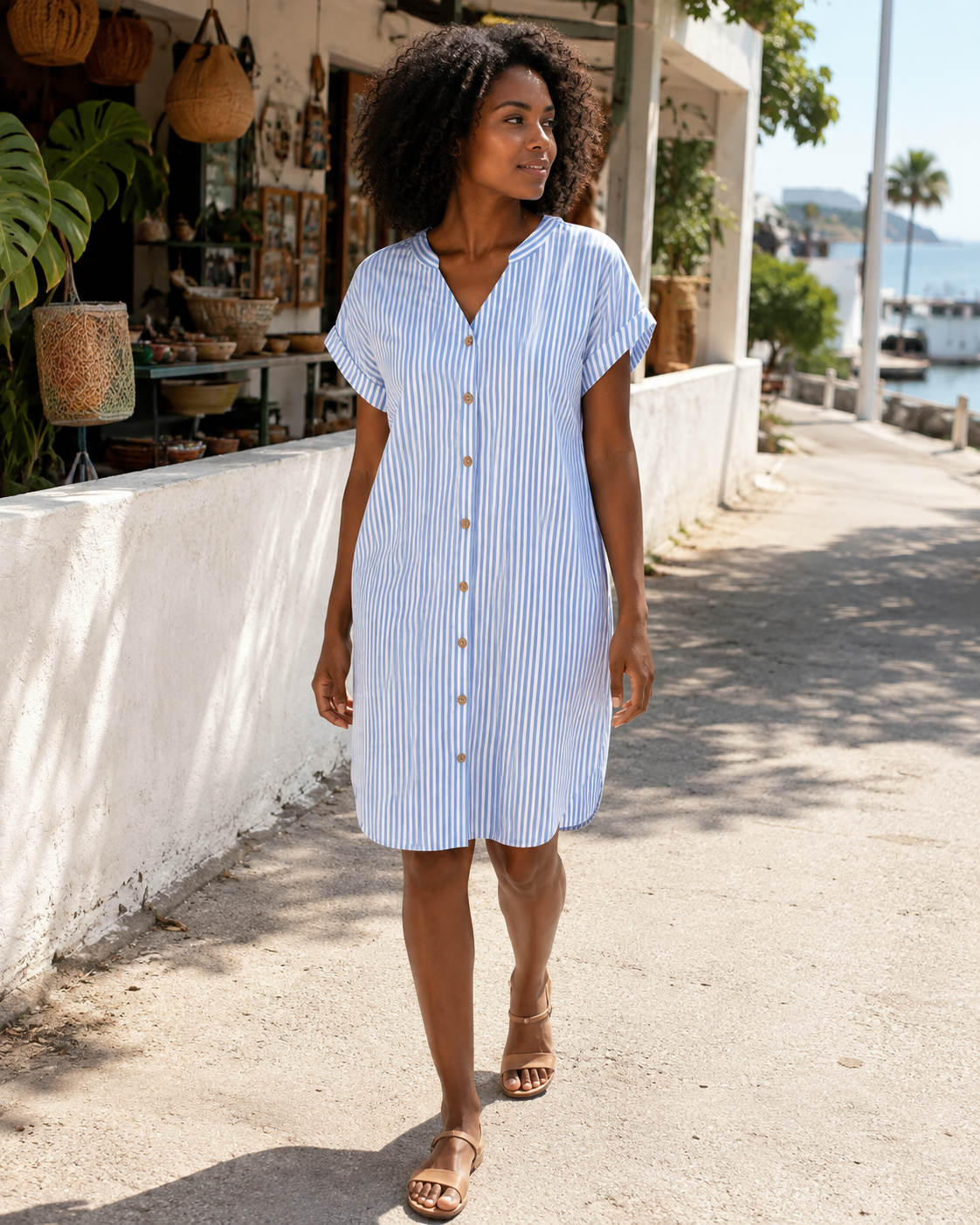 Auréline Vestido-camisa de senhora em algodão e linho – Vestido de verão com gola em V estilo Henley e botões