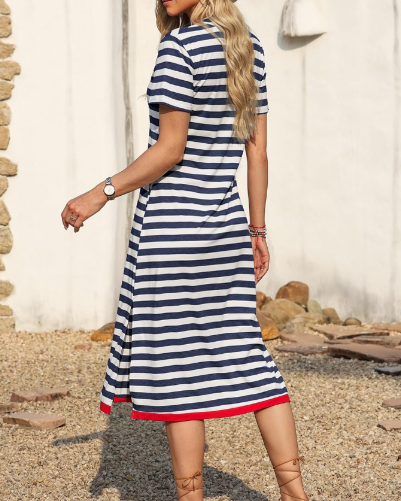 Abito Maxi Autunnale Donna a Righe – Abito Lungo Casual Color Block con Maniche Corte