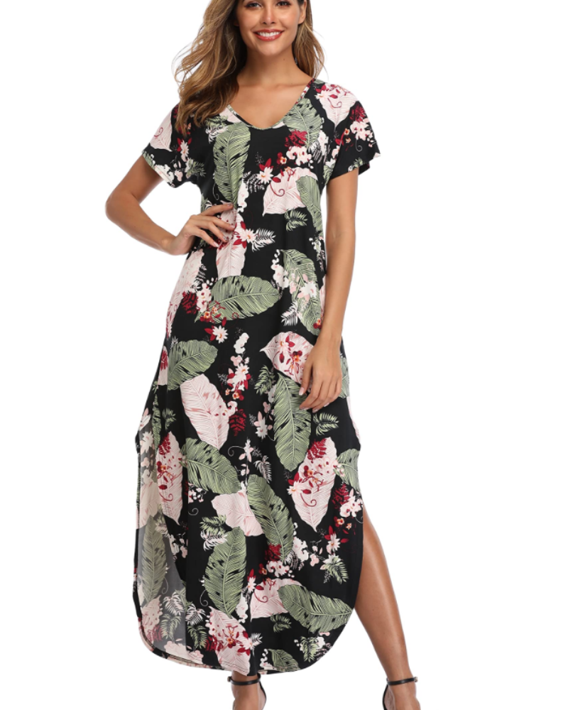 Blair Maxikleid für Damen Sommer – Florales Rundhals-Design mit Schlitz & Taschen