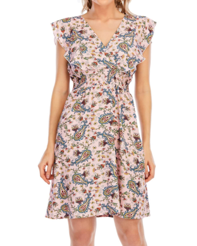 Celeste Mini-Kleid für Damen – Florale Chiffon V-Ausschnitt mit Rüschen in Rosa
