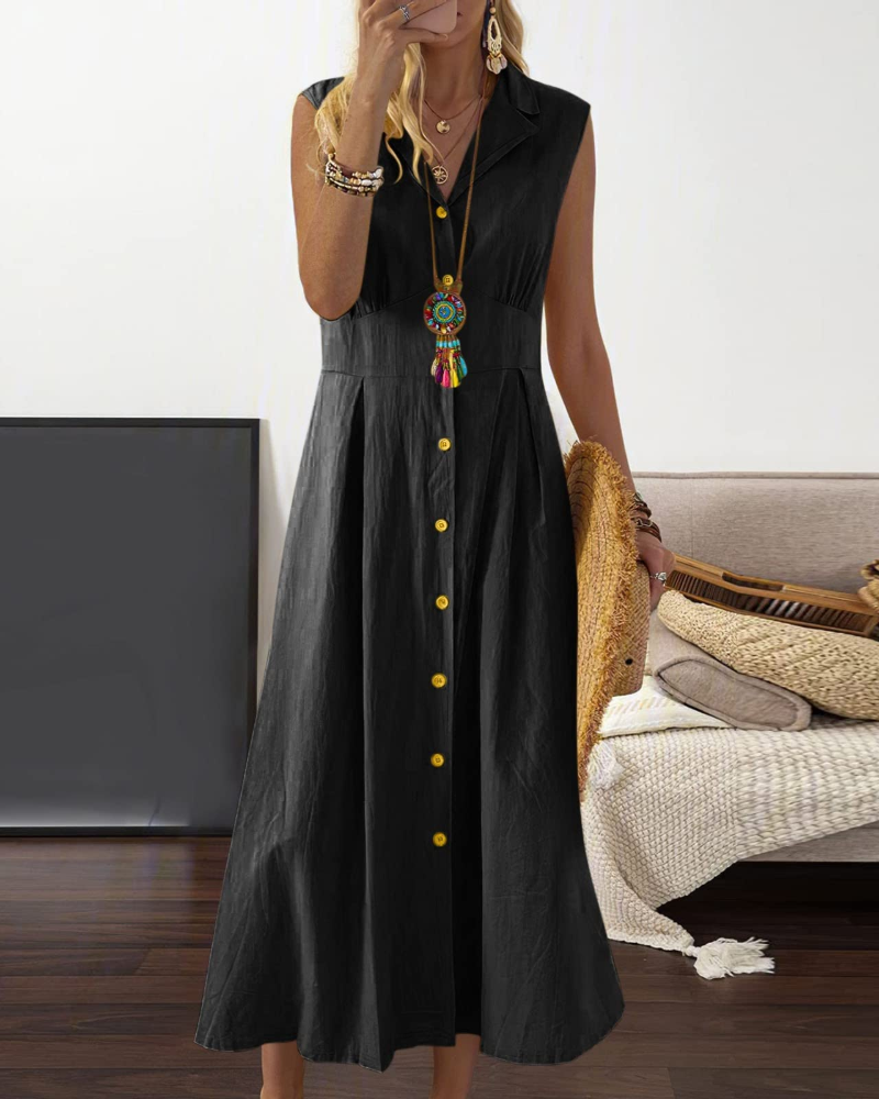 Robe de Verão Feminina Avery – Linho Algodão Sem Mangas com Botões Estilo Boémio