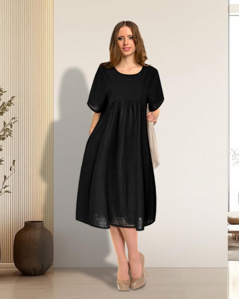 Vestido Midi Sophie Mulher – Vestido Algodão Tamanho Grande Decote Redondo com Bolsos Verão