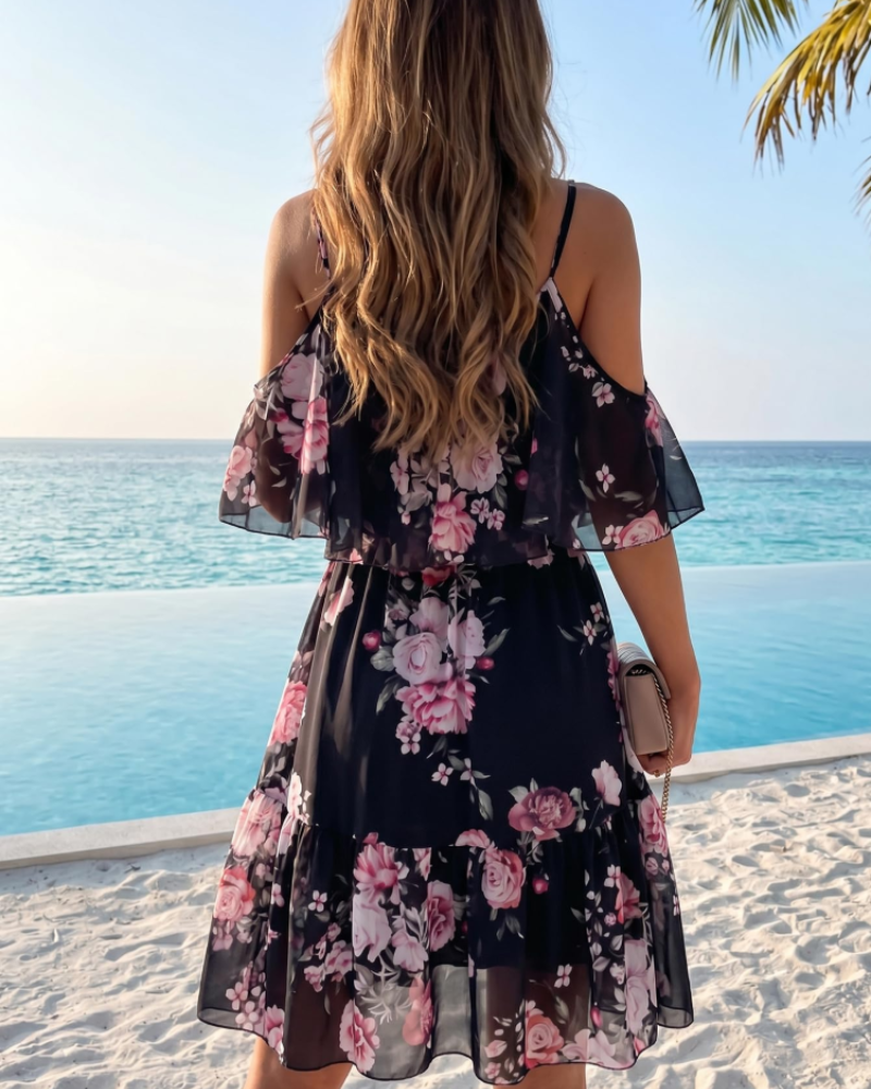 Vestido Mini Fleurie para Mujer Evelyn – Vestido de Verano con Hombros Descubiertos y Volantes
