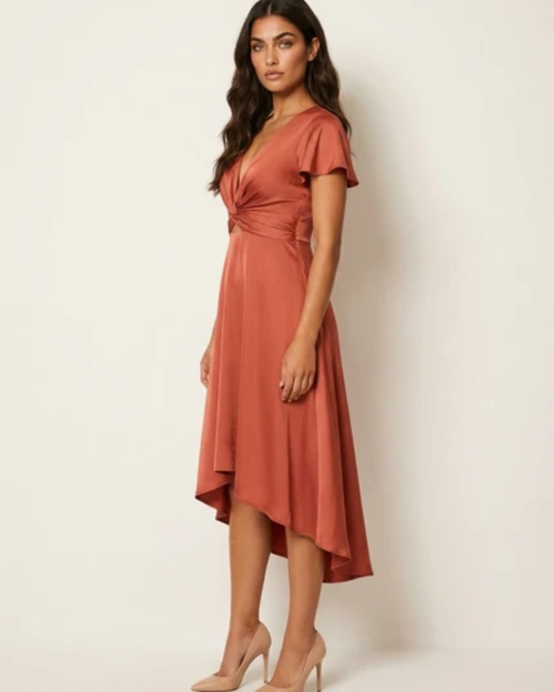 Elowen Midi Dress for Women – Elegant V-Neck Dress with Draped Waist, Asymmetrical Skirt, and Flared Sleeves