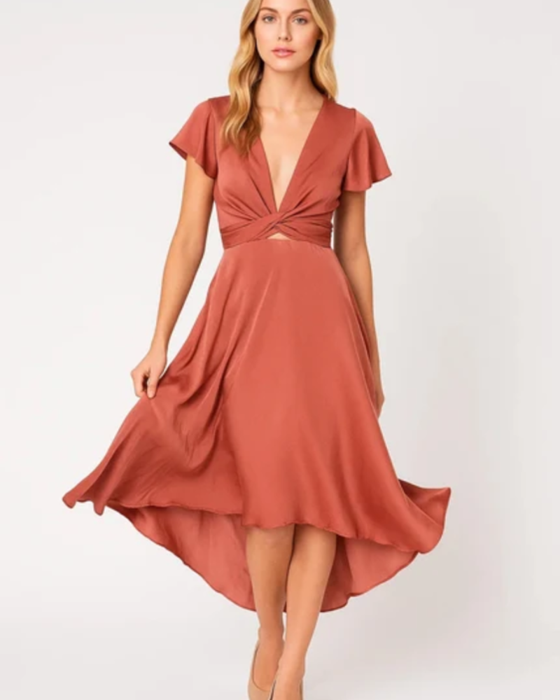 Elowen Midi Dress for Women – Elegant V-Neck Dress with Draped Waist, Asymmetrical Skirt, and Flared Sleeves