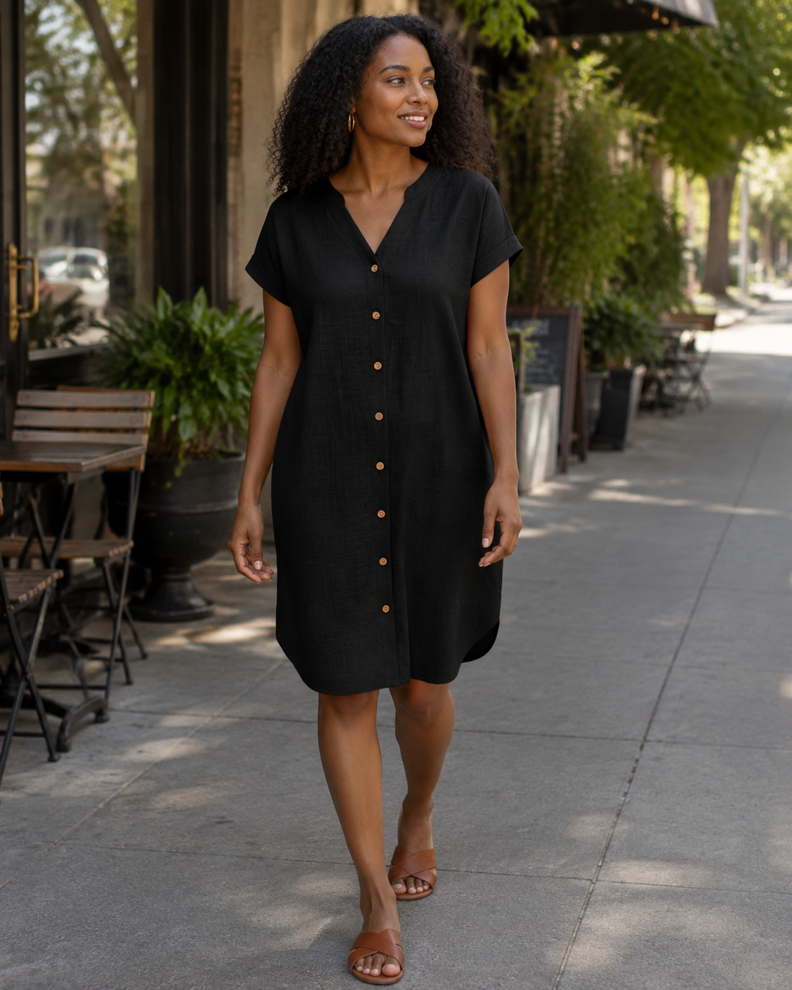 Auréline Vestido-camisa de senhora em algodão e linho – Vestido de verão com gola em V estilo Henley e botões