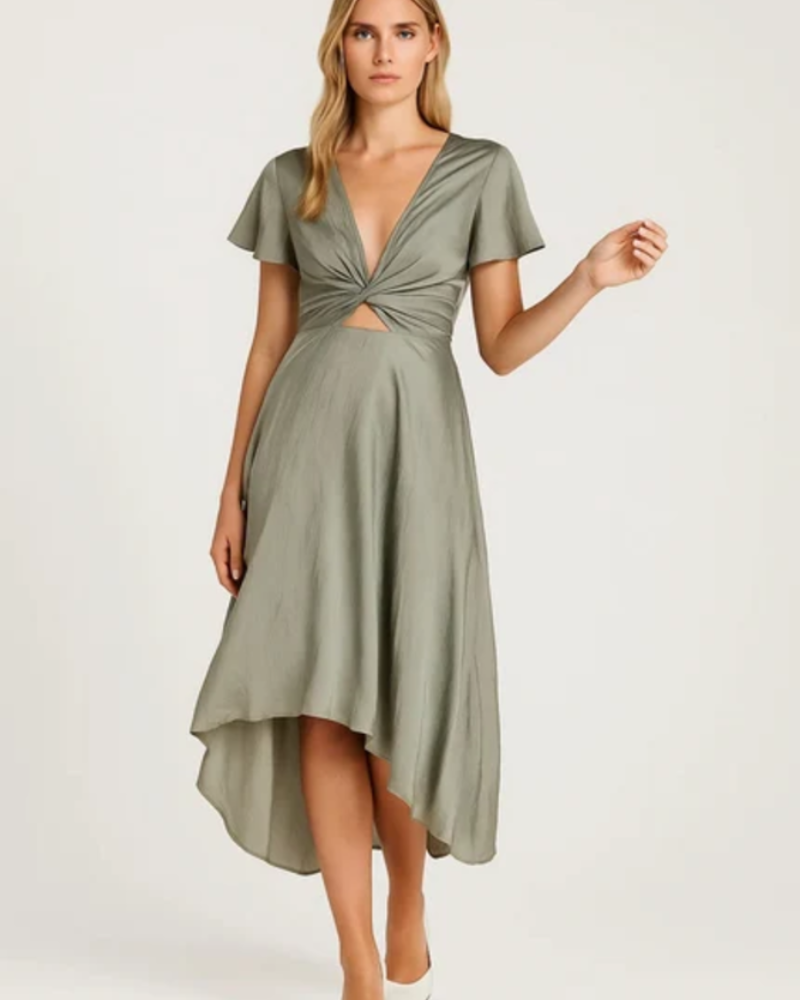 Elowen Midi Dress for Women – Elegant V-Neck Dress with Draped Waist, Asymmetrical Skirt, and Flared Sleeves