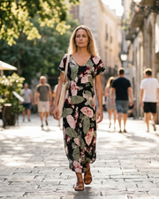 Blair Maxikleid für Damen Sommer – Florales Rundhals-Design mit Schlitz & Taschen
