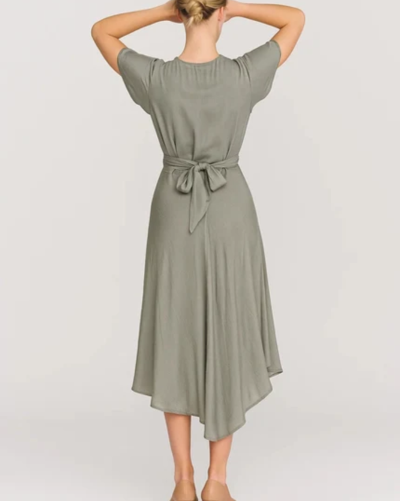 Elowen Midi Dress for Women – Elegant V-Neck Dress with Draped Waist, Asymmetrical Skirt, and Flared Sleeves