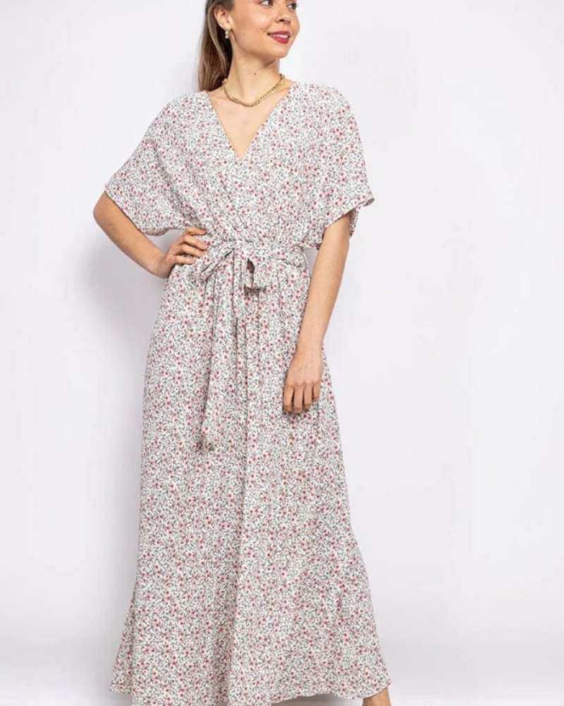 Ysaline – długa damska sukienka maxi w kwiaty, boho, z dekoltem w serek i wiązanym paskiem