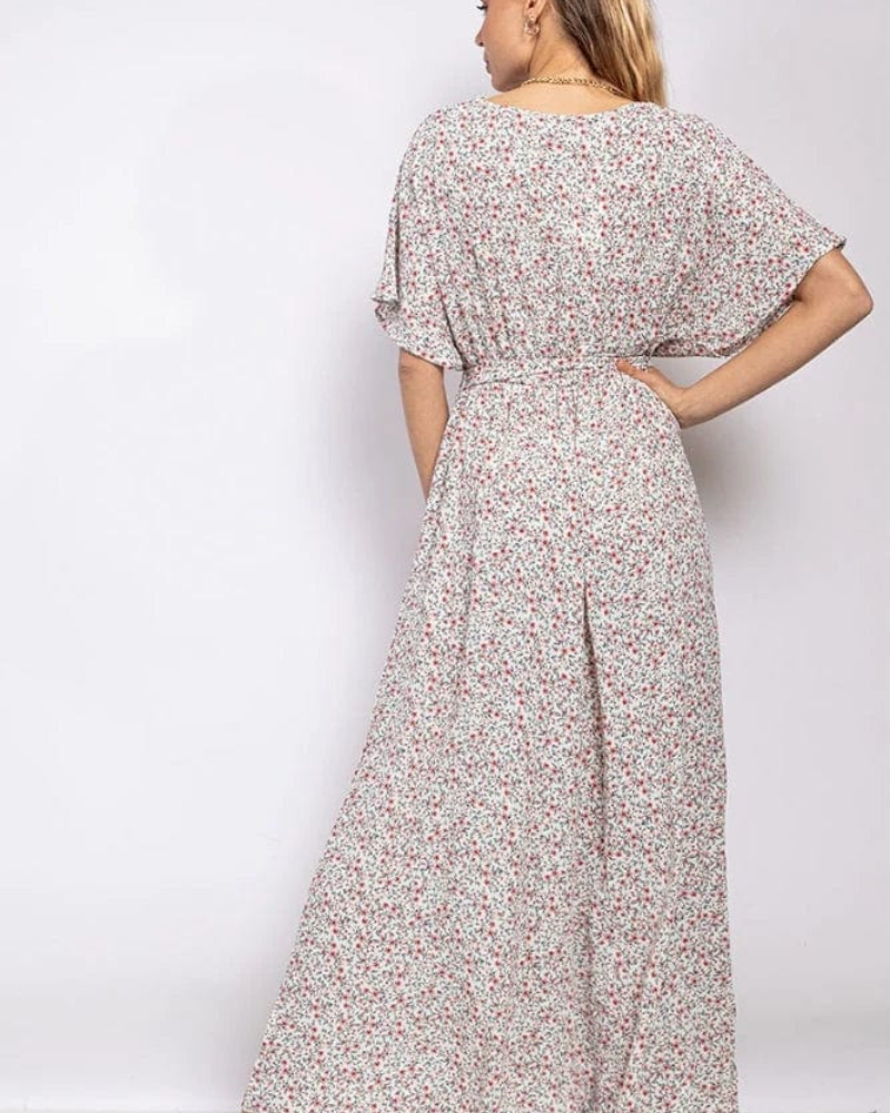Ysaline – długa damska sukienka maxi w kwiaty, boho, z dekoltem w serek i wiązanym paskiem