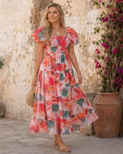 Azéliane Midi-Kleid für Damen – geblümtes Kleid mit schulterfreiem Ausschnitt und Puffärmeln